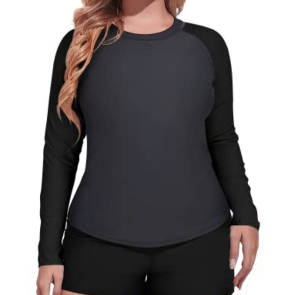 Women's Plus Size Athletic Rash Guard Tankini Boyshorts-Grey And Black